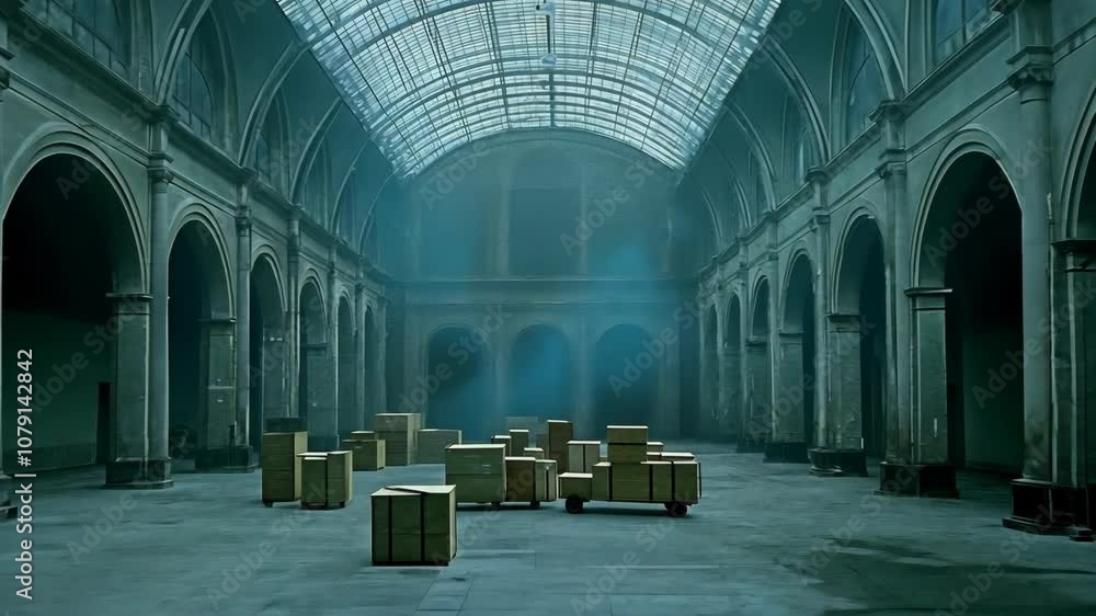 Poster a large, empty hall with an arched ceiling and many columns is filled with stacks of wooden boxes