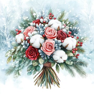 Elegant Winter Wedding Bouquet in Watercolor Style - Ideal for Celebrations, Invitations, and Love-Themed Designs
