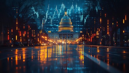A nighttime view of a grand building with a dome, illuminated by streetlights and a digital overlay of data.