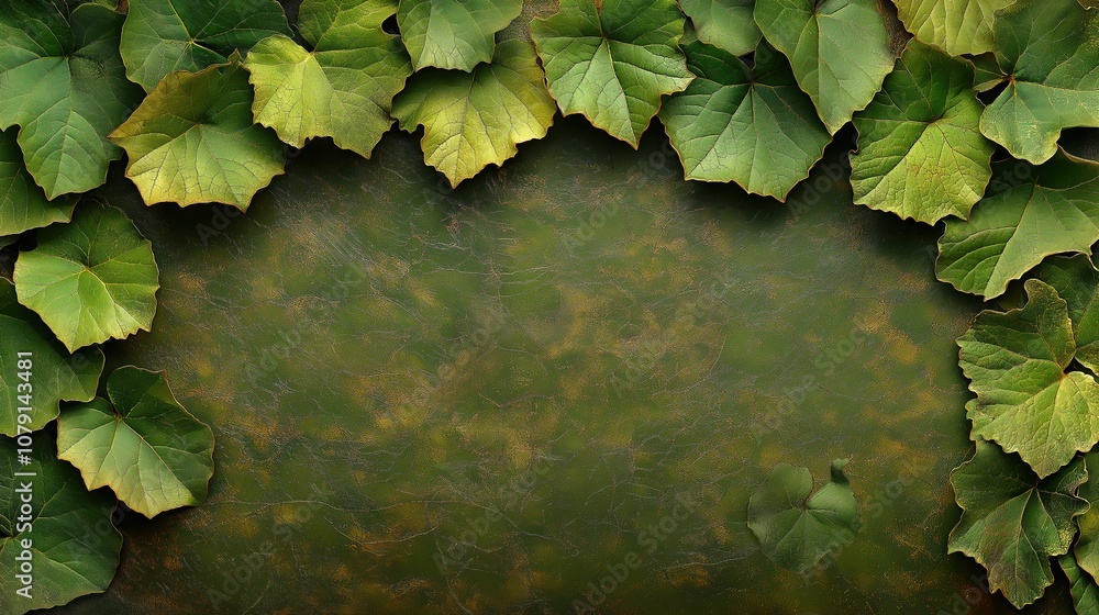 Poster green leafy border with a green background. the leaves are arranged in a way that creates a sense of