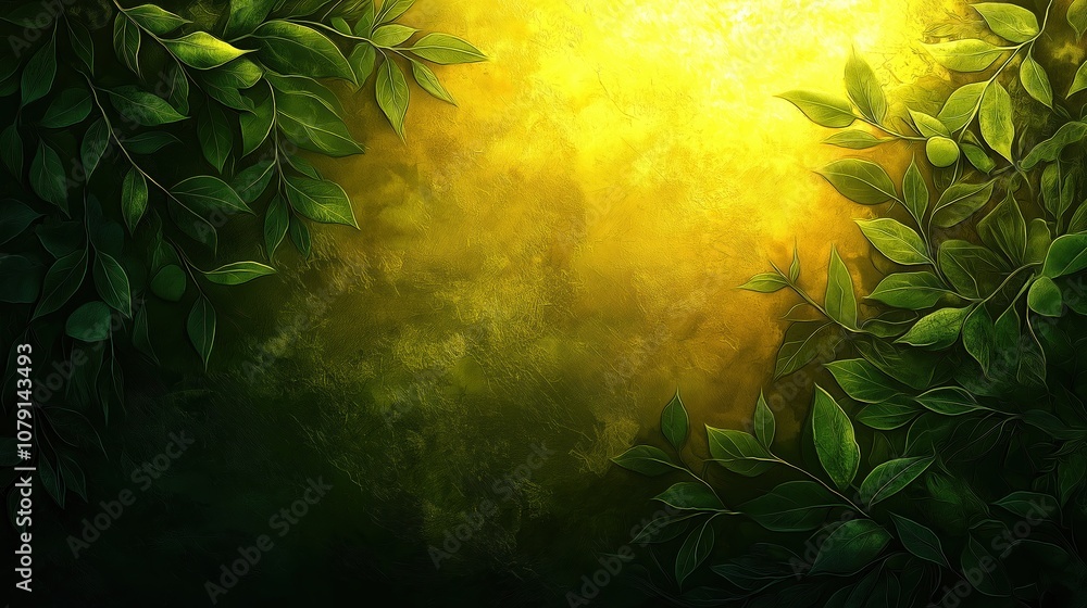 Poster green leafy background with a yellowish tint. the leaves are spread out and overlapping, creating a 