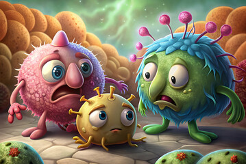 Colorful, cartoonish microbes express emotions, showcasing a whimsical and playful take on microscopic cancer life forms.