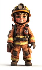 Child in firefighter costume, 3D illustration, isolated on white background 