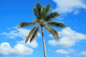 Fototapeta premium Tropical Island Getaway. Palm Tree Silhouette Against Azure Sky