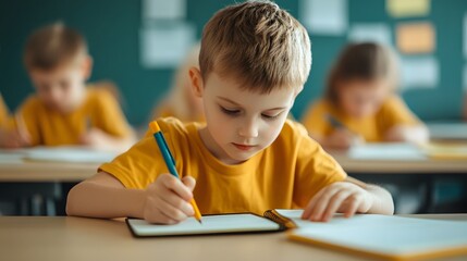Focused Child Writing in Classroom Setting