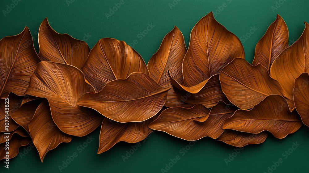 Poster green background with brown leaves on it. the leaves are arranged in a line and are overlapping each