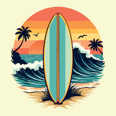 sunset surfing retro t-shirt design