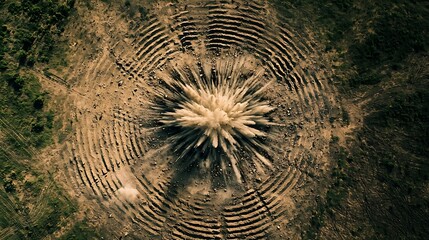 Dramatic Aerial View of Explosive Detonation Radiating Outward in Concentric Circular Patterns