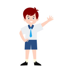 boy different pose activity school isolated on white background, uniform school white blue