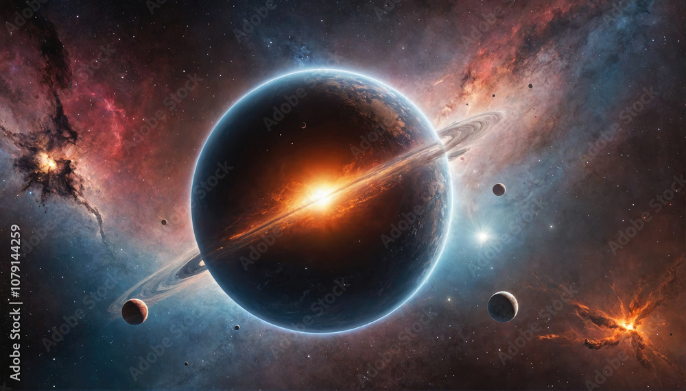 Canvas Prints a large, ringed planet with a bright, orange light emanating from its core, surrounded by smaller pl