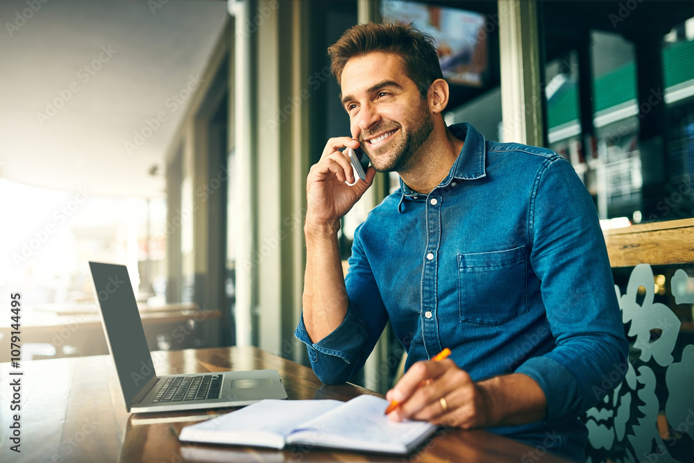 Aufkleber Man, phone call and writing in notebook at cafe with listening, smile and networking with remote work. Person, writer and smartphone for notes, planning or review with creative project at coffee shop