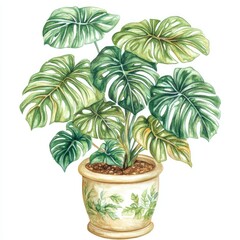 Fototapeta premium Tropical Floral Arrangement. Watercolor Hand Painted Botanical Illustration of Exotic Potted Plant with Monstera and Palm Leaves