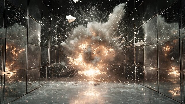 Explosive kaleidoscopic blast in mirrored room creating mesmerizing fragmented visuals