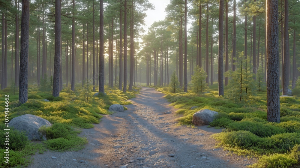 Poster forest path with a sun shining through the trees. the path is lined with rocks and the trees are tal