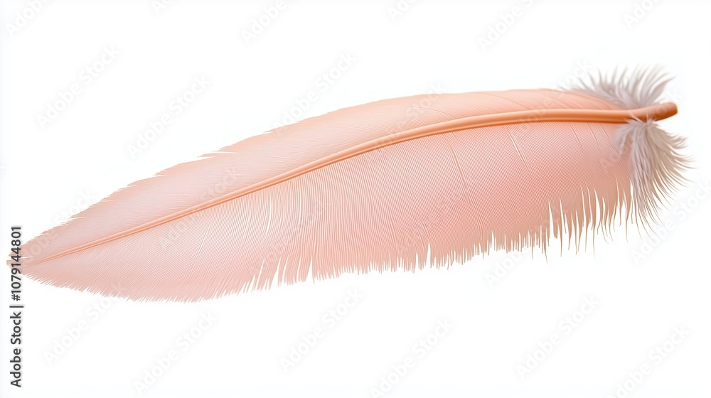 Poster feather is shown in a close up. the feather is pink and has a white tip. the feather is long and thi
