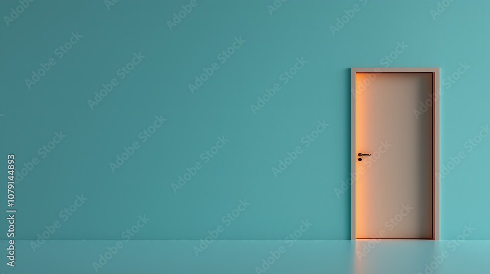 Poster door is standing in front of a blue wall. the door is open and the light is shining on it. the room 
