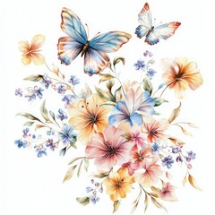 Vintage Floral Butterfly Bouquet. Hand-painted Watercolor Illustration for Nursery Design