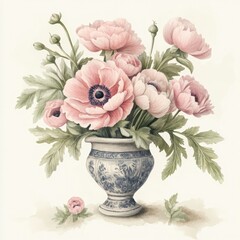 Obraz premium Vintage Floral Wedding Bouquet in Watercolor. Romantic Rose and Peony Arrangement with Anemone and Ranunculus in Vase