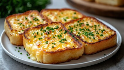 Close-up of four golden-brown slices of cheesy garlic bread topped with fresh chives.