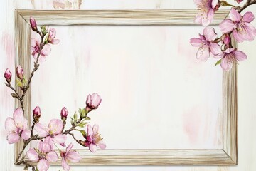 Spring Blossom Frame. Pink Flowering Branches in Nature Background