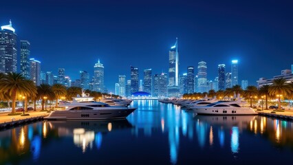 Fototapeta premium The city comes alive at night with bright lights illuminating the marina. Luxurious yachts are anchored along the waterfront, surrounded by towering skyscrapers