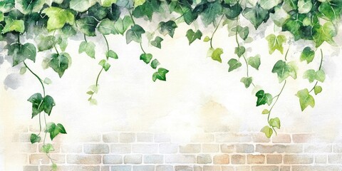 Watercolor Ivy Branch Illustration on Brick Wall Background. Greeting Card Design with Green Foliage and Copy Space