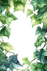 Naklejka premium Watercolor Ivy Branch Frame. Hand Drawn Leafy Decoration with Green Foliage on White Background