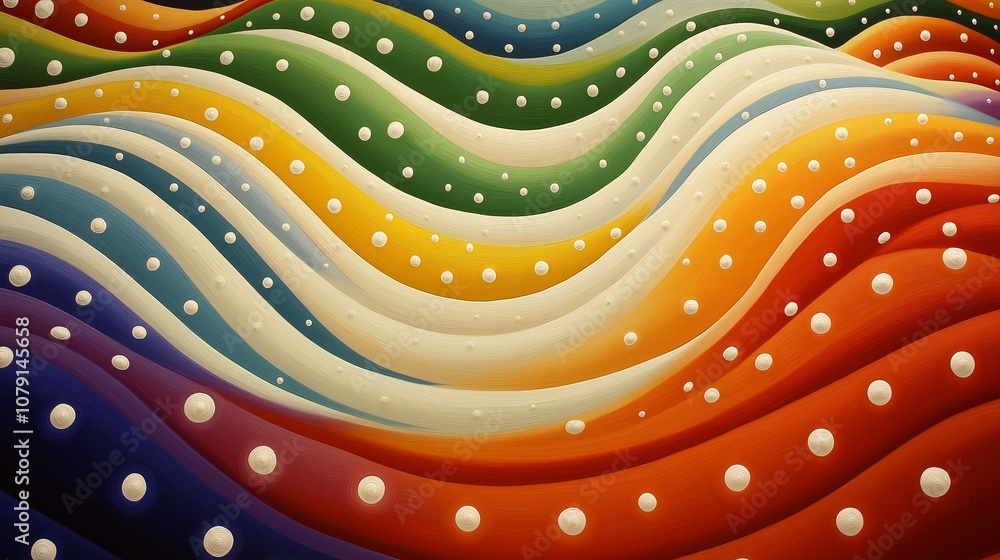 Poster colorful wave with many different colors and white dots. the wave is very long and has a lot of diff