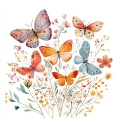 Whimsical Butterfly Bouquet. Hand-painted Watercolor Illustration with Floral Balloons and Blue Flowers