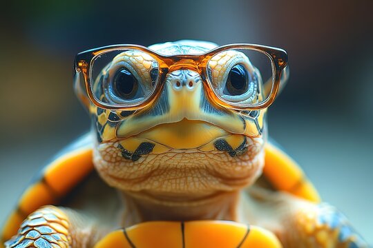 A small turtle wearing eyeglasses, looking directly at the camera with a serious expression.
