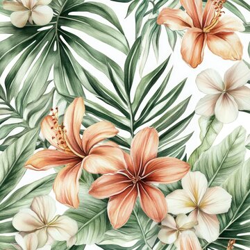 Watercolor Tropical Foliage and Flowers. Exotic Botanical Illustration for Wedding Invitations and Cards