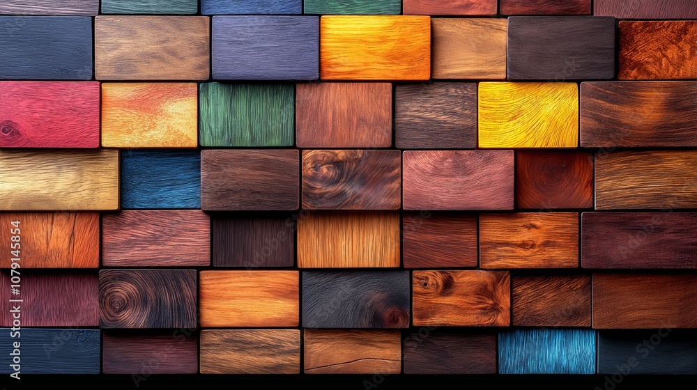 Aufkleber colorful wall made of wooden blocks. the blocks are of different colors and sizes, creating a unique