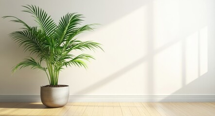 Fototapeta premium Minimalist Botanical Decor. Green Palm Plant in White Flowerpot with Copy Space