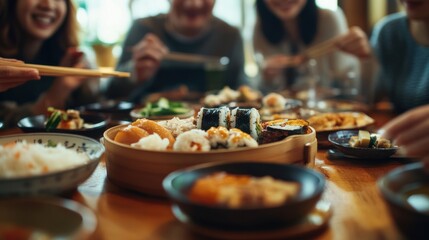 Close-up of friends sharing various sushi dishes in a warm, social setting, capturing the joy of Japanese cuisine and communal dining.