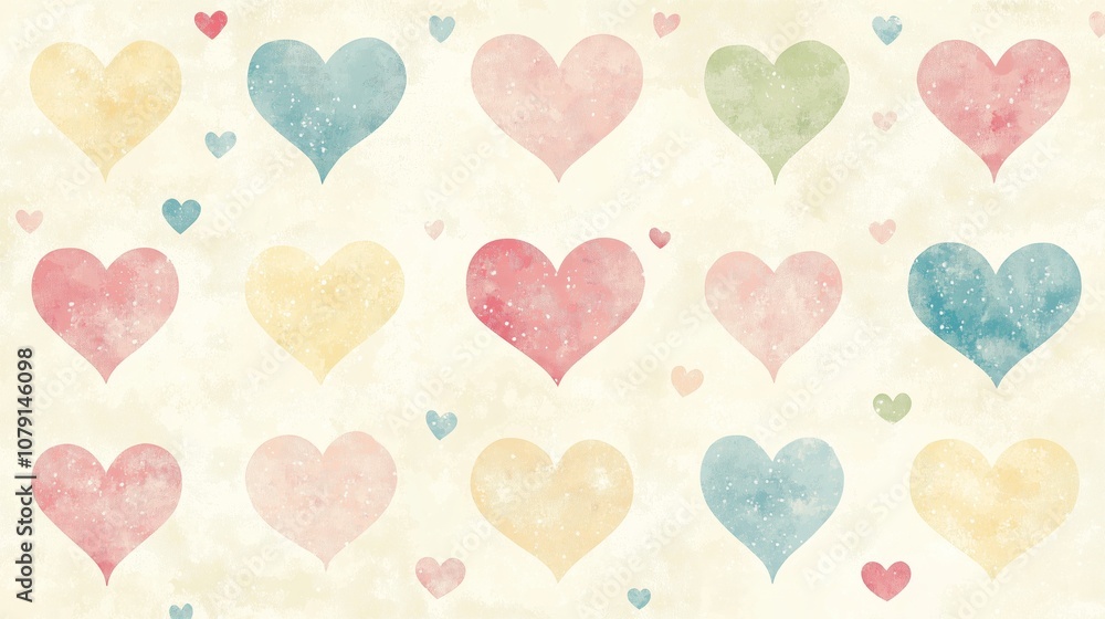 Poster colorful pattern of hearts is spread across a white background. the hearts are of various sizes and 