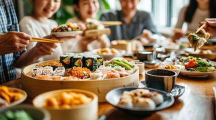 Group of people sharing a variety of sushi and traditional Japanese dishes at a lively family meal, celebrating togetherness and cuisine.