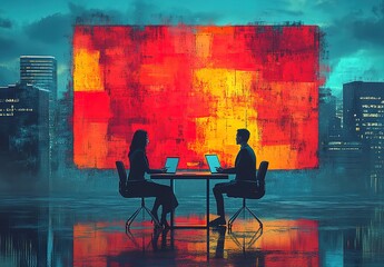 Silhouettes of a man and woman sitting at a table with laptops, facing each other in front of a large abstract painting.