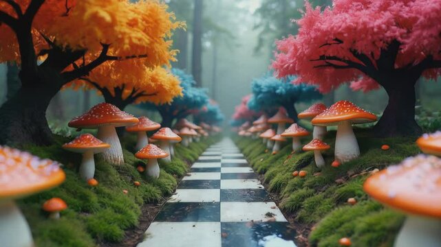 Alice in Wonderland. POV walking down a stone path lined with giant, colorful mushrooms in a misty forest. The whimsical scene evokes a sense of wonder, as if she's journeying into a magical, fairy-ta