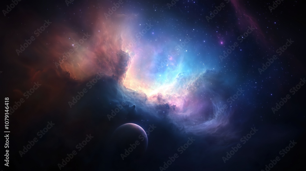 Poster colorful galaxy with a large planet in the middle. the planet is surrounded by a cloud of gas and du