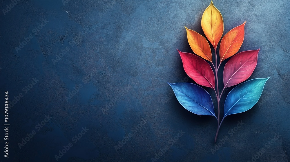 Poster colorful leafy tree with a blue background. the leaves are of different colors and are arranged in a