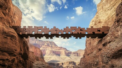 Bridge made of puzzle pieces connecting two sides of a canyon, symbolizing connection and problem-solving, clear sky