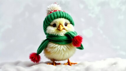 cute yellow chick in green hat and scarf on snowy background for winter holiday videos