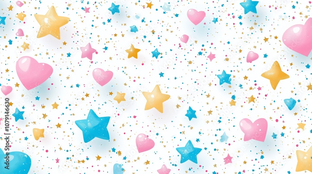 Poster colorful background with many stars and hearts. the stars are in different colors and sizes, and the