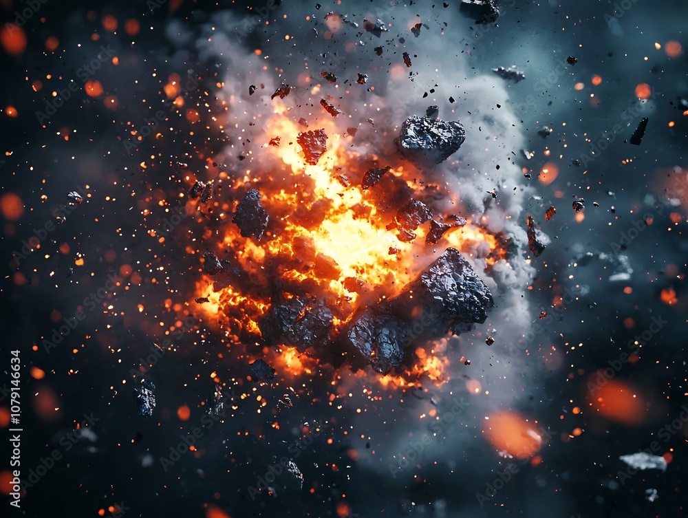 Poster explosive detonation in zero gravity simulated environment with floating debris and mesmerizing visu