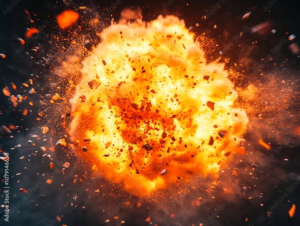 Poster mesmerizing explosion of debris and flames in a zero gravity environment creating a captivating visu