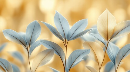 Close-up of a group of leaves with a yellow background. The leaves are predominantly blue, with some green and white accents. The yellow background adds a warm and inviting touch to the scene