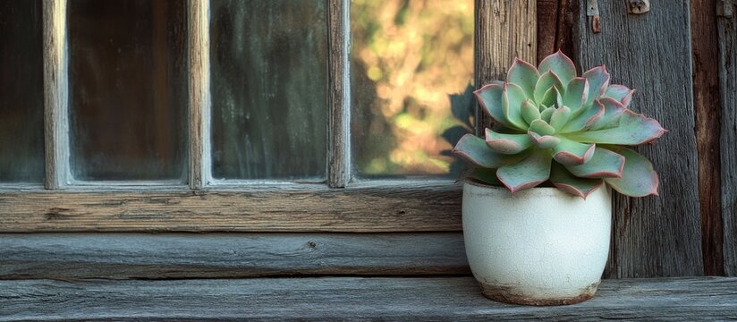 Charming succulent in a white cachepot beautifully contrasted against a rustic wooden barn backdrop by the window