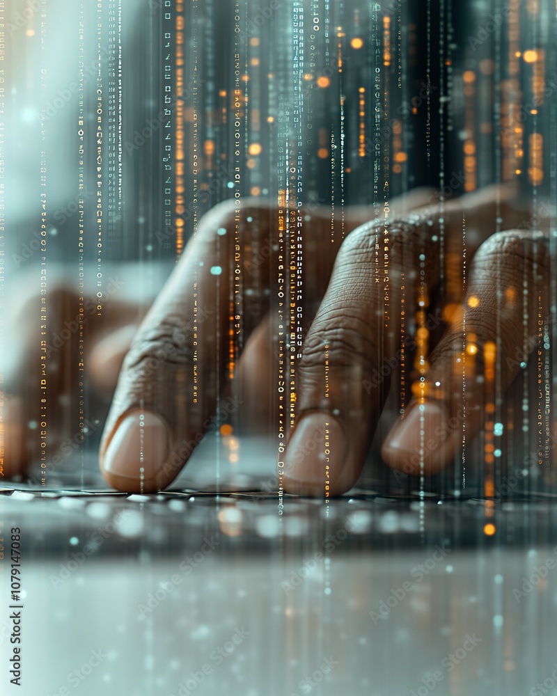 Poster close-up of a person's hands typing on a keyboard with a digital rain effect in the background.