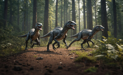 Three velociraptors run through a dense forest, their sharp claws and teeth glinting in the dappled sunlight