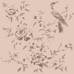 Chinoiserie botanical vintage line art, Victorian floral print